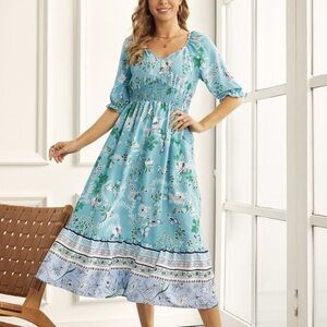 Suzanne Betro Green And White Floral Sweetheart Neck Midi Dress Size Large